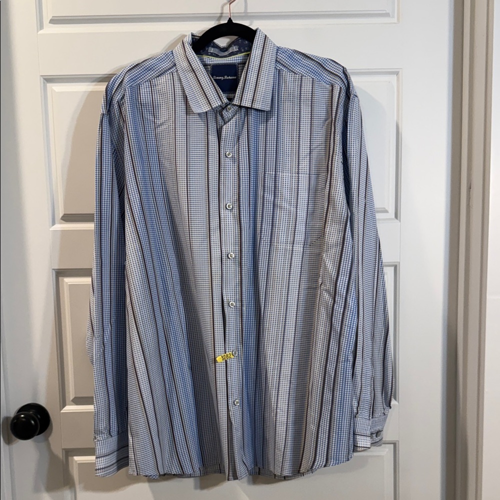 Tommy Bahama Mens Cotton Blend Blue White Brown L/S Buttoned Shirt XXL